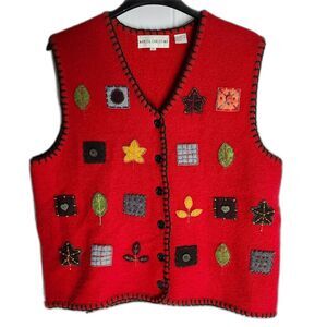 Marisa Christina 100% Wool Sweater Vest Womens XL Red Autumn Patchwork VTG 90s
